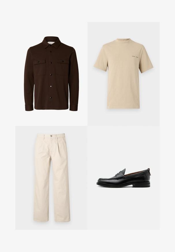 Dunkelbraune Hemdjacke mit langen Ärmeln, Kragen, Knopfleiste vorne und zwei Brustklappentaschen mit Knöpfen.; Beige Baumwoll-T-Shirt mit rundem Ausschnitt und kurzen Ärmeln. Mit dezentem schwarzen "SAMSOE"-Textlogo auf der Brust.; Beige weit geschnittene Hose mit hoher Taille, Frontfalten, einem vorderen Knopfverschluss und einem glatten Baumwollstoff.; Schwarzer Leder-Herrenschuh mit Mokassinnaht, Penny-Riemen, strukturiertem Kragen und niedrigem gestapeltem Absatz auf weißem Hintergrund.