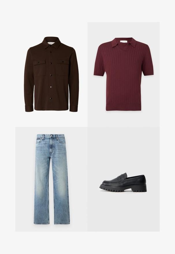 Chaqueta camisa de manga larga color marrón oscuro con cuello, cierre frontal con botones y dos bolsillos de solapa en el pecho con botones.; Polo de punto burdeos de manga corta con canalé vertical y cuello en V.; Vaqueros de mezclilla azul claro de corte recto con cintura alta, cinco bolsillos, cierre de botón y sutil desgaste en los muslos y las rodillas.; Mocasines de cuero negro con punta redondeada, que presentan una correa decorativa y una suela de goma gruesa con surcos profundos para mayor tracción.
