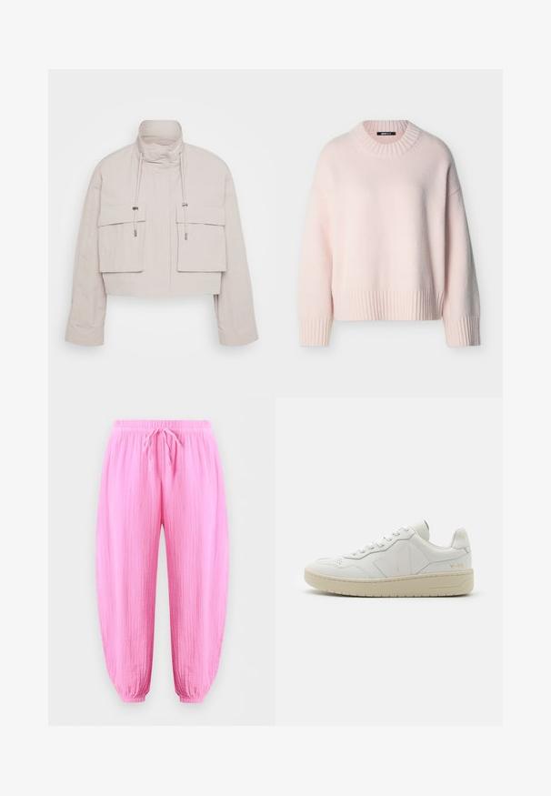 Veste raccourcie en tissu beige clair avec un col haut, deux poches à rabat à l'avant et des cordons de serrage réglables pour un ajustement sécurisé.; Pull en tricot rose clair et doux avec manches longues, col rond, poignets et ourlet côtelés, présenté sur un fond uni.; Pantalon décontracté rose clair avec taille élastique et cordon de serrage, coupe ample, texture froissée, et poignets élastiqués aux chevilles.; Baskets en cuir blanc avec une boîte à orteils perforée, semelle en caoutchouc beige contrastante et accents de logo sur le côté et le talon. Design minimaliste.