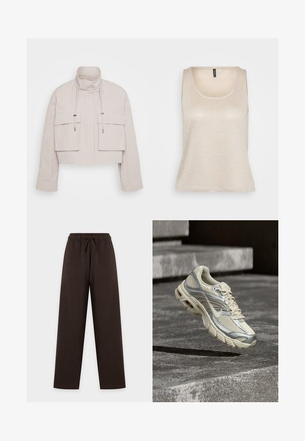 Veste raccourcie en tissu beige clair avec un col haut, deux poches à rabat à l'avant et des cordons de serrage réglables pour un ajustement sécurisé.; Haut sans manches beige clair avec un décolleté arrondi, fabriqué dans un matériau doux et scintillant, présentant une coupe décontractée et un ourlet incurvé.; Pantalon large marron foncé avec taille élastique à cordon, présenté à plat sur un fond clair.; Chaussure de course Nike beige et argentée avec des détails en mesh et des lacets, suspendue au-dessus de marches en béton.