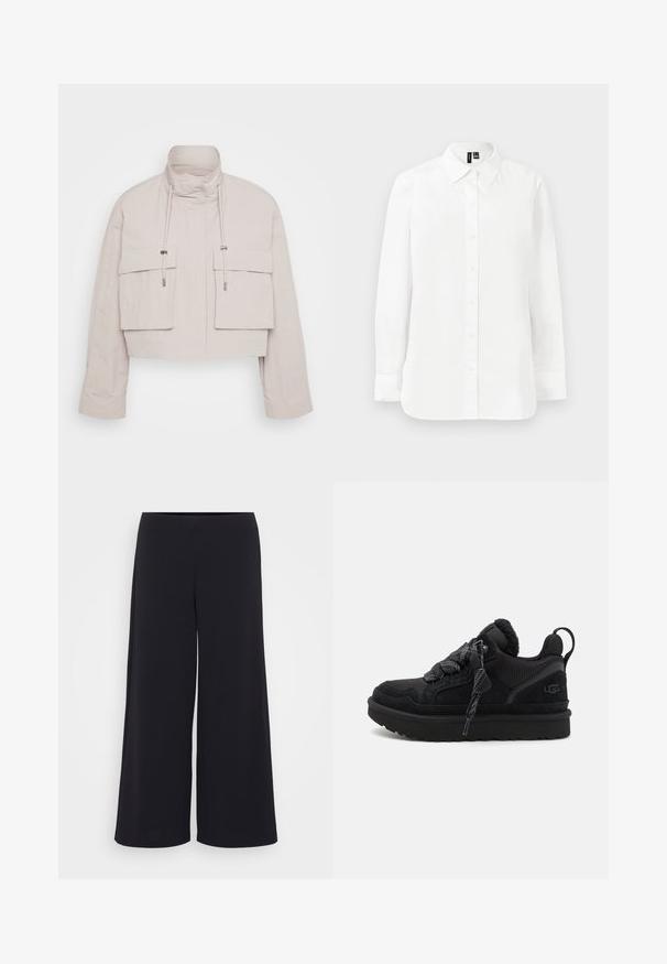Veste raccourcie en tissu beige clair avec un col haut, deux poches à rabat à l'avant et des cordons de serrage réglables pour un ajustement sécurisé.; Chemise blanche à manches longues avec boutons, col pointu, poignets standards et ourlet droit sur fond clair uni.; Pantalons larges noirs en tissu lisse, présentant une taille haute et une silhouette fluide, avec un design épuré et sans embellissement.; Baskets noires avec une tige en mesh et en daim, dotées de lacets texturés et d'un col rembourré, reposant sur une semelle en caoutchouc épaisse.