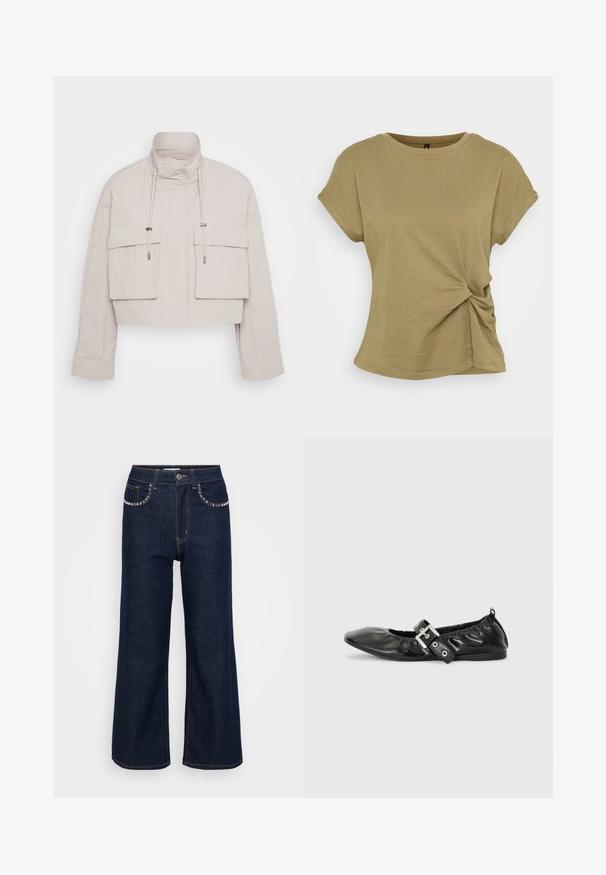 Veste raccourcie en tissu beige clair avec un col haut, deux poches à rabat à l'avant et des cordons de serrage réglables pour un ajustement sécurisé.; T-shirt vert olive à manches courtes avec un détail de nœud tordu à la taille. Fabriqué en coton doux, il présente un col rond.; Jean large bleu foncé en denim, avec taille haute, deux poches avant ornées de coutures décoratives et une fermeture à un bouton.; Chaussure plate en cuir noir avec un nez pointu, des détails froncés autour de l'ouverture et un accent en boucle argentée sur la bride ajustable.