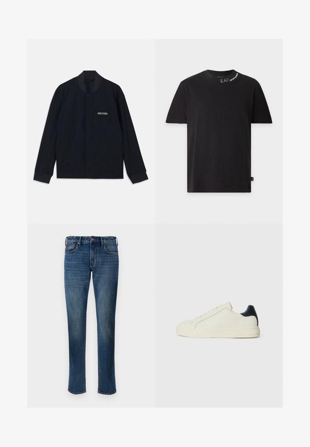 Veste bleu marine en tissu de coton, avec un col rond, une fermeture à pression et deux grandes poches arrondies. Branding minimal inclus.; T-shirt noir à manches courtes avec col rond et texte blanc "EA7 Emporio Armani" près de l'encolure, avec une petite étiquette logo sur l'ourlet latéral.; Jean en denim d'un bleu moyen. Présente un design à jambe droite, style cinq poches, fermeture éclair à l'avant et coutures contrastées.; Sneaker en cuir blanc avec une accent en cuir marine au talon, bout rond, semelle en caoutchouc plate et laçage à l'avant avec six œillets.