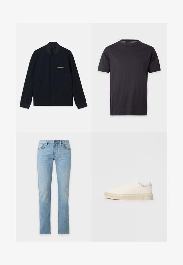 Veste bleu marine en tissu de coton, avec un col rond, une fermeture à pression et deux grandes poches arrondies. Branding minimal inclus.; T-shirt noir uni à manches courtes avec col rond, avec un petit logo ton sur ton sur la poitrine gauche et une étiquette de marque au niveau du col.; Jean droit bleu clair avec poches avant, passants de ceinture et fermeture par bouton sur fond uni.; Sneaker blanc avec une tige en toile lisse, des lacets plats, un col rembourré et un accent gris texturé à l'arrière. Semelle en caoutchouc épaisse.