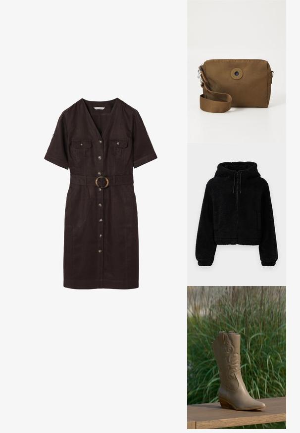 Zwarte cropped hoodie gemaakt van pluizige, textuurstof. Heeft een ritsluiting, twee voorzakken en verstelbare trekkoorden aan de capuchon.; Donkerbruine knielange jurk met korte mouwen, knopen aan de voorkant, twee borstzakken met klep en een bijpassende riem met een ronde gesp.; Tan leren cowboylaars met geborduurd ontwerp en houten hak, geplaatst op een houten oppervlak tegen een achtergrond van een groene plant.; Bruine nylon schoudertas met een ritssluiting, verstelbare schouderband en een cirkelvormig logo accent aan de voorkant. Soepele textuur met een minimalistisch ontwerp.
