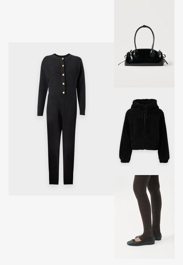 Zwarte cropped hoodie gemaakt van pluizige, textuurstof. Heeft een ritsluiting, twee voorzakken en verstelbare trekkoorden aan de capuchon.; Zwart geribd jumpsuit met lange mouwen, voorzien van een ronde hals en gouden knopen aan de voorkant. Soepele textuur en een aansluitend ontwerp.; Benen met donkere geribbelde leggings gecombineerd met zwarte ballerina's met kleine strikdetails op een witte achtergrond.; Kleine zwarte glanzende handtas met twee lange hengsels en zijkant trekkoord details op een effen lichte achtergrond.