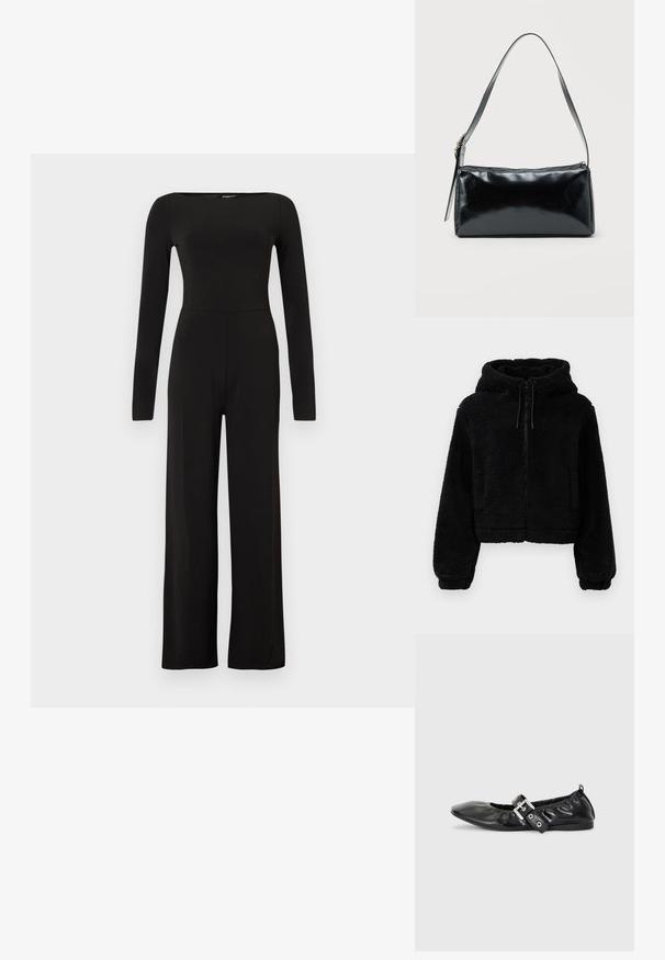 Sort cropped hoodie lavet af fluffy, struktureret stof. Har lynlåslukning, to forlommer og justerbare snore ved hætten.; Sort jumpsuit med lange ærmer og vide ben, tætsiddende talje og bådudskæring, vist mod en ensfarvet lys baggrund.; Sorte læder flade sko med spids tå, samling detaljer omkring åbningen, og en sølv spænde accent på den justerbare rem.; Sort rektangulær skuldertaske med en enkelt justerbar rem og lynlås i toppen på en ensfarvet baggrund.