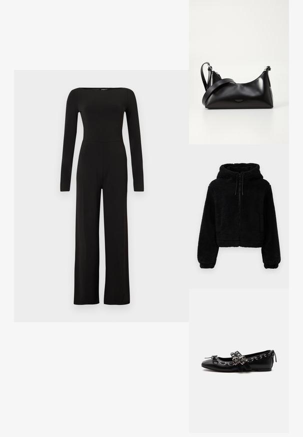 Zwarte cropped hoodie gemaakt van pluizige, textuurstof. Heeft een ritsluiting, twee voorzakken en verstelbare trekkoorden aan de capuchon.; Zwarte jumpsuit met lange mouwen en wijde pijpen, een aangesloten taille en een bootnek, getoond tegen een effen lichte achtergrond.; Zwarte platte balletschoen met dubbele gespsluitingen, zilveren oogjes en een klein strikje nabij de afgeronde neus op een witte achtergrond.; Zwarte leren handtas met een gladde textuur. Beschikt over een verstelbare schouderband en een strak, minimalistisch ontwerp met een ritssluiting.