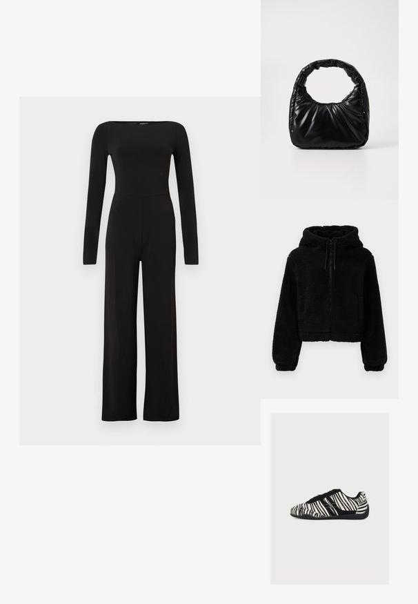 Sort cropped hoodie lavet af fluffy, struktureret stof. Har lynlåslukning, to forlommer og justerbare snore ved hætten.; Sort jumpsuit med lange ærmer og vide ben, tætsiddende talje og bådudskæring, vist mod en ensfarvet lys baggrund.; Lavprofil sneakers med sorte og hvide zebrastriber, sorte snørebånd og tekstureret sort sål, vist fra siden på en hvid baggrund.; Sort polstret håndtaske med et rundt håndtag, der har en glat, skinnende overflade og en blød, kviltet tekstur. Ingen synlige hardware eller accenter.