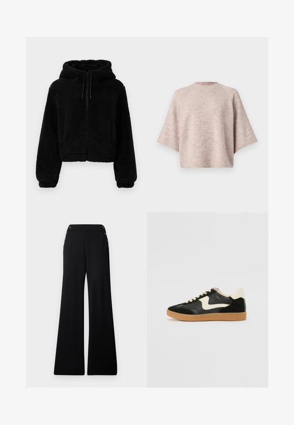 Zwarte cropped hoodie gemaakt van pluizige, textuurstof. Heeft een ritsluiting, twee voorzakken en verstelbare trekkoorden aan de capuchon.; Lichtbeige gebreide trui met brede korte mouwen en een hoge ronde hals, weergegeven op een effen achtergrond.; Zwarte wijde broek met hoge taille en decoratieve knopen langs de bovenste zijnaad, weergegeven op een witte achtergrond.; Zwarte suède en leren sneaker met een crèmekleurige zij-swoosh en lichte crèmekleurige hiel. Voorzien van beige veters en een gumrubberen zool.