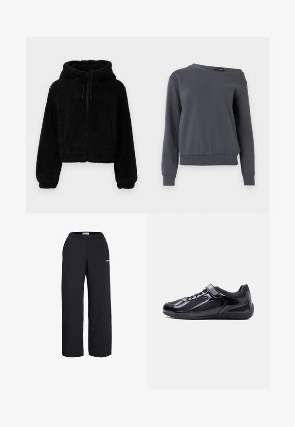 Sort cropped hoodie lavet af fluffy, struktureret stof. Har lynlåslukning, to forlommer og justerbare snore ved hætten.; Grå sweatshirt lavet af blødt materiale, med rund hals, lange ærmer og en let indsnævret kant med ribbede manchetter og talje.; Sorte sweatpants med lige ben, elastisk talje og lille hvidt logo på øvre lår, designet til afslappet brug.; Sort lavprofilsneaker med blanke og stofpaneler, elastiske snørebånd og en velcrolukke på en hvid baggrund.