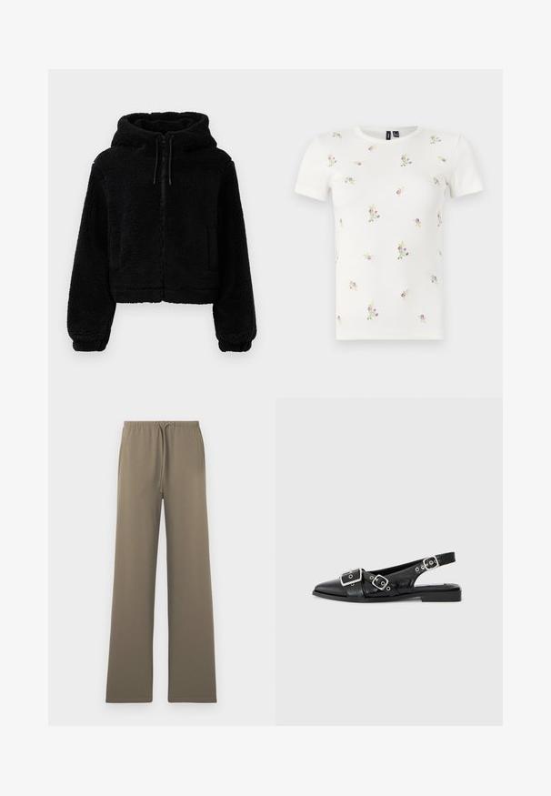 Zwarte cropped hoodie gemaakt van pluizige, textuurstof. Heeft een ritsluiting, twee voorzakken en verstelbare trekkoorden aan de capuchon.; Witte katoenen T-shirt met korte mouwen, voorzien van een geribbelde textuur en verspreide bloemrijke borduursels in roze en groen.; Olijfgroene, wijde broek van zachte stof, met een elastische tailleband met trekkoord en zonder zichtbare zakken.; Zwart leren slingback schoen met een spitse neus, twee zilveren gespen en een lage blokhak. Bevat een gemêleerde bovenkant en een open achterkant.