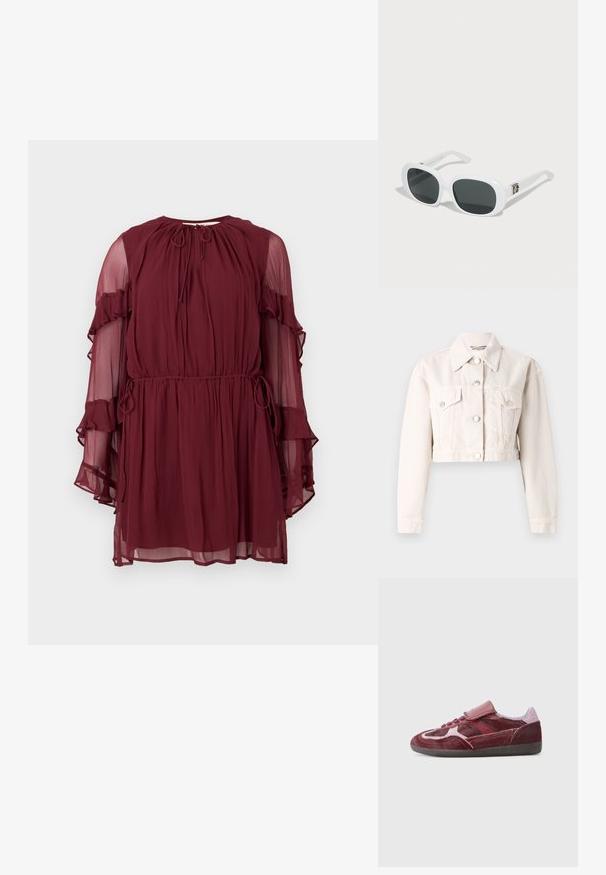Geknipte denimjacket in een lichte crème kleur, met een kraag, twee voorke pockets, zilveren knoopsluitingen en een licht gestructureerde stof.; Bordeaux doorschijnende jurk met lange gerimpelde mouwen, geplooide taille en een sleutelgat halslijn. Zacht stof met textuur en vloeiendheid.; Rode suède sneakers met een gladde neus, textuurpanelen aan de zijkanten, tonale veters en een klittenbandsluiting. Heeft een duurzame zwarte rubberen buitenzool.; Dolce&Gabbana Zonnebril - white