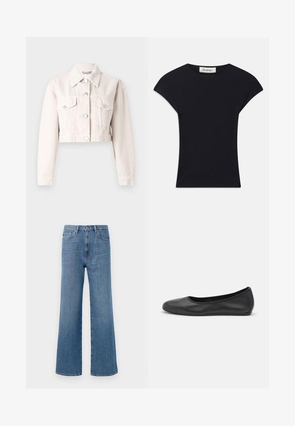 Geknipte denimjacket in een lichte crème kleur, met een kraag, twee voorke pockets, zilveren knoopsluitingen en een licht gestructureerde stof.; Zwarte korte mouwen top van zacht stof, met een ronde halslijn en een aansluitende vorm met subtiele schouderaccenten. Etiket zichtbaar.; Lichtblauwe denim wide-leg jeans met hoge taille, met een voorste knoopsluiting, vijf zakken en een schone zoomafwerking.; Zwarte leren ballerina met een ronde neus, gladde textuur, minimale stikdetails en een flexibele zoolontwerp.