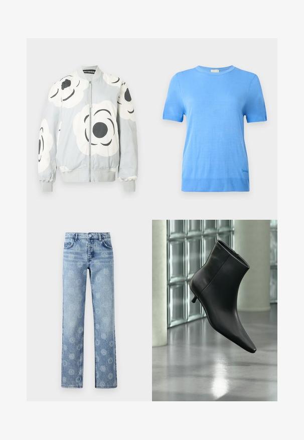 Bomberjacke in Hellgrau mit großen weißen Blumenmustern und schwarzen Akzenten. Verfügt über einen Frontreißverschluss sowie gerippte Bündchen und Saum.; Calvin Klein Strickpullover - blue twilight; Hellblaue Jeans aus Denim mit einem leicht ausgebleichten Finish, blumigem Muster, fünf Taschen und geradem Beinschnitt.; Schwarzer Leder-Stiefelette mit spitzer Zehenpartie und niedrigem Kitten-Heel, schräg dargestellt vor einem polierten Boden und einer Glasbausteinwand.