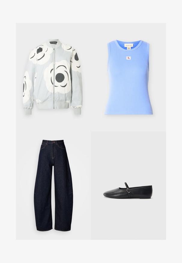 Bomberjack in lichtgrijs met grote witte bloemenpatronen en zwarte accenten. Voorzien van een ritssluiting aan de voorkant en geribbelde manchetten en zoom.; Mouwloze lichtblauwe geribbelde tanktop met ronde hals en een kleine Calvin Klein Jeans logo patch in het midden van de borst.; Donkerblauwe wijde jeans van denim, met een hoge taille, rechte snit, vijf zakken en contrasterende stiksels.; Zwarte leren balletschoenen met een spitse neus, platte zool en een kleine strap met een zilveren gespsluiting.