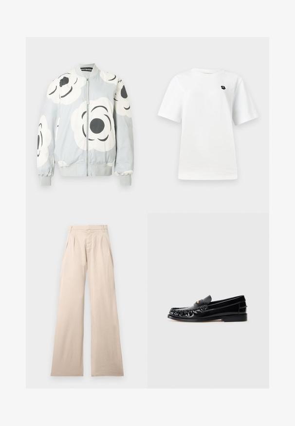 Bomberjakke i lysegrå med store hvide blomsterprint og sorte detaljer. Har lynlås foran samt ribstrikkede manchetter og kant.; Hvid kortærmet t-shirt med et lille sort grafisk design på venstre brystområde, sat mod en ensfarvet lys baggrund.; Beige vide bukser lavet af bomuld, med bukser foran og en glat tekstur. Designet inkluderer en standard talje og ingen synlig mønster.; Sorte læder loafers med rund tå, dekorativ sying og en lille gul accent på vampen. Flad gummisål, slankt design.