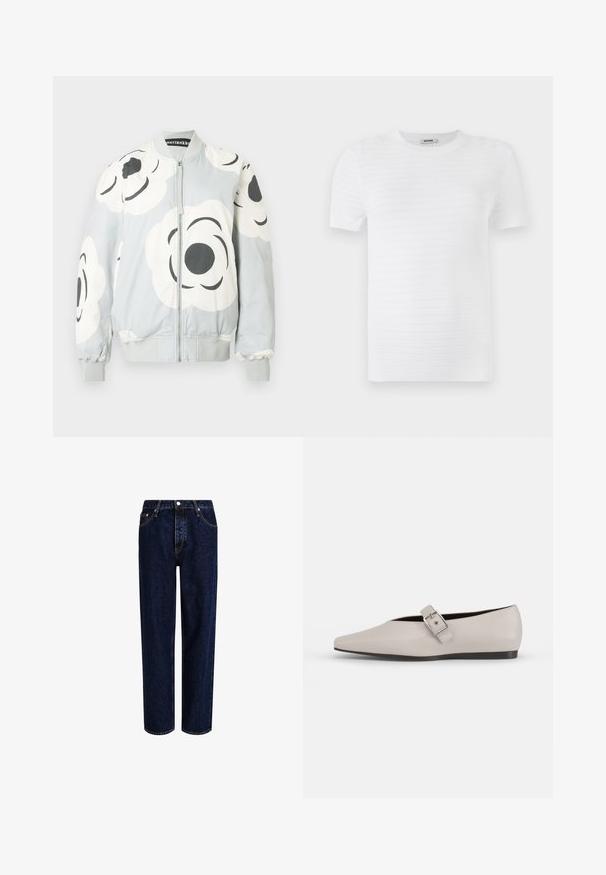 Bomberjakke i lysegrå med store hvide blomsterprint og sorte detaljer. Har lynlås foran samt ribstrikkede manchetter og kant.; Hvid kortærmet t-shirt lavet af struktureret stof med et ribbet mønster. Designet har en rund udskæring og en lige pasform.; Mørkeblå denim jeans med lige ben-design, der har høj talje, fem-lomme-stil og kontrastsyninger. Ingen dekorationer.; Beige læder flad sko med spidse tæer, en sidelukning som accent og en lav sort sål. Glat tekstur og minimalistisk design.