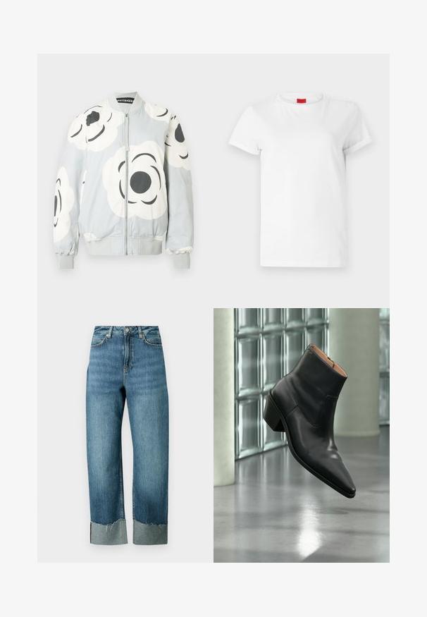 Bomberjakke i lysegrå med store hvide blomsterprint og sorte detaljer. Har lynlås foran samt ribstrikkede manchetter og kant.; Hvid kortærmet t-shirt lavet af letvægts bomuld. Har en rund halsudskæring og rullede ærmer. Rød logoetiket på kraven.; Lyseblå denimjeans med en løs, lige pasform. Har en frynset kant og kontrasterende manchet detalje. Fem-lommer design med knaplukning.; Sort læderankelstøvle med spids tå og blokhæl, der svæver over en reflekterende grå gulv nær en væg af glasblokke.