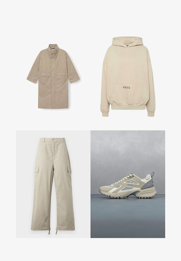 Manteau long beige avec col montant, poches plaquées à rabat à l'avant, manches larges avec boutons-pression, et fermeture avant dissimulée.; Sweat à capuche beige avec une poche avant, des poignets côtelés et une capuche à cordon. Texte "PECADOR PGDR" imprimé sur la zone de la poche.; Pantalons cargo beige clair avec une coupe décontractée, dotés d'une fermeture à bouton, de poches latérales et d'un ourlet ajustable avec des liens. Texture de tissu lisse.; Chaussure de sport beige et grise avec semelle texturée, lacets et logo Calvin Klein, posée au-dessus d'une surface pavée en bois et gravier en plein air.