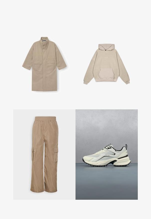 Manteau long beige avec col montant, poches plaquées à rabat à l'avant, manches larges avec boutons-pression, et fermeture avant dissimulée.; Sweatshirt à capuche beige avec une coupe décontractée, poche kangourou, manches côtelées et texture lisse. Présente des détails de logo discrets à l'avant.; Even&Odd Pantalon cargo - beige; Baskets Calvin Klein blanches et noires suspendues au-dessus d'un sol en carreaux de bois extérieur avec un feuillage vert flou et un arrière-plan gris.