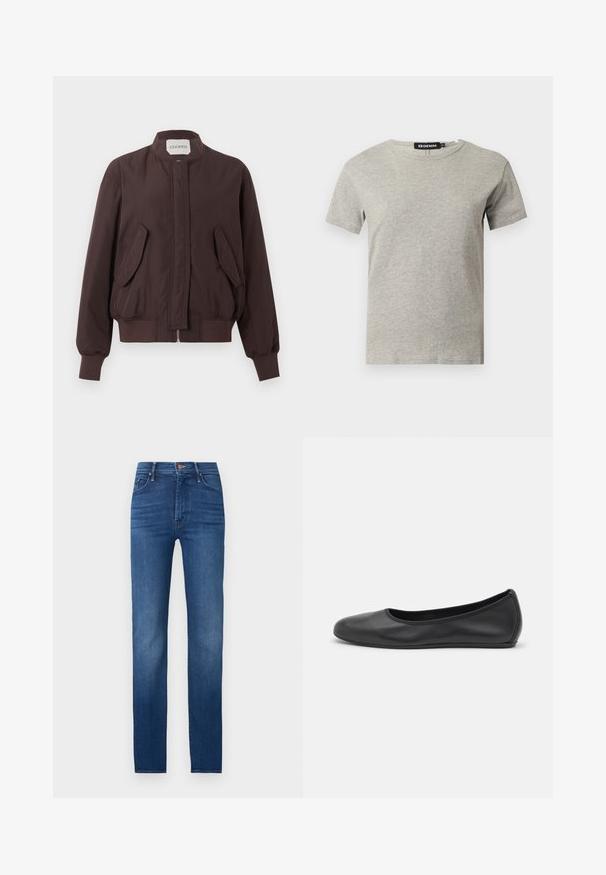 Veste bomber marron foncé avec col montant, fermeture éclair devant cachée par un rabat, deux poches à rabat inclinées et poignets et ceinture côtelés.; T-shirt en coton gris clair à manches courtes et col rond avec une étiquette noire visible à l'intérieur du col indiquant "DENIM" et la taille "S."; Jean skinny bleu foncé avec cinq poches et fermeture par bouton, présenté sur un fond clair uni.; Ballerines en cuir noir avec un bout rond, texture lisse, détails de couture minimalistes et design de semelle flexible.