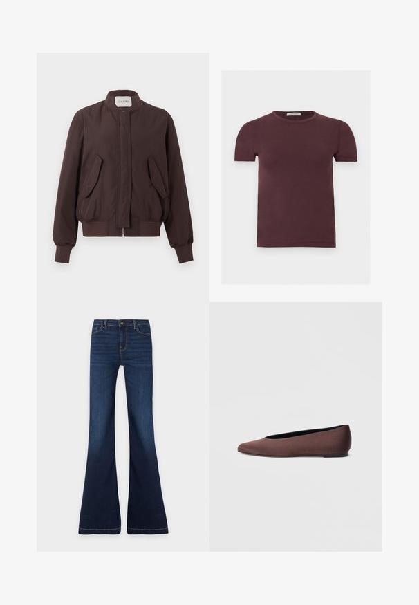 Veste bomber marron foncé avec col montant, fermeture éclair devant cachée par un rabat, deux poches à rabat inclinées et poignets et ceinture côtelés.; T-shirt à manches courtes col rond en bordeaux foncé, en tissu doux, avec une petite étiquette de marque à l'intérieur du col.; Jean en denim bleu foncé avec taille haute, fermeture par bouton et fermeture éclair, poches avant et arrière, et jambes évasées.; Ballerines en tissu marron avec un bout pointu et une texture lisse, dotées d'un talon bas et d'une fine semelle noire. Aucune motif ni élément métallique visible.