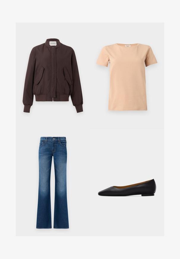 Veste bomber marron foncé avec col montant, fermeture éclair devant cachée par un rabat, deux poches à rabat inclinées et poignets et ceinture côtelés.; T-shirt beige manches courtes avec col rond et ourlet droit sur un fond uni gris clair.; Jean pattes d'eph en denim bleu foncé, avec une texture lisse, un design à cinq poches, une fermeture à bouton à l'avant et un léger délavage près de l'ourlet.; Chaussure plate en cuir noir à bout pointu avec talon bas et finition lisse, vue de côté sur un fond gris clair.