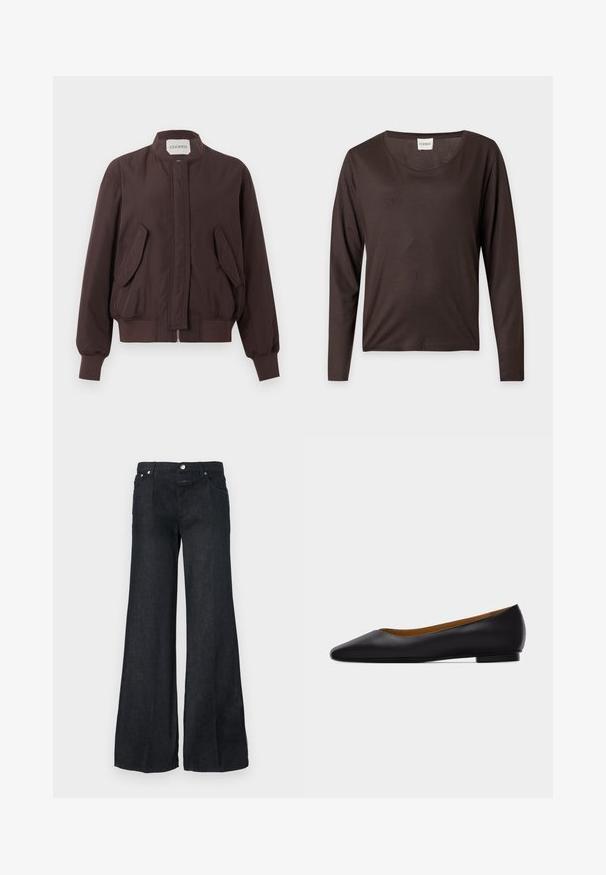 Veste bomber marron foncé avec col montant, fermeture éclair devant cachée par un rabat, deux poches à rabat inclinées et poignets et ceinture côtelés.; Chemise à manches longues marron foncé avec encolure ronde, ourlet droit et une petite étiquette blanche indiquant "CLOSED" à l’intérieur du col.; Jean en denim noir à jambes larges avec poches avant, passants pour ceinture et fermeture par bouton à la taille.; Chaussure plate en cuir noir à bout pointu avec talon bas et finition lisse, vue de côté sur un fond gris clair.