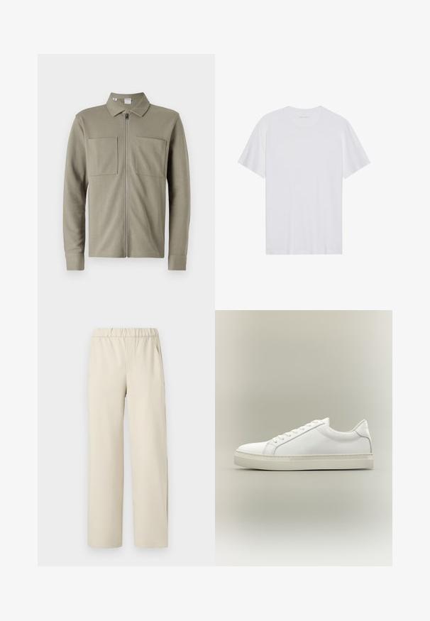 Olijfgroene ritsjack van gestructureerde stof, met een kraag en twee grote voorzakken. Lange mouwen met gestikte boorden.; Witte katoenen T-shirt met korte mouwen, een ronde hals en een gladde textuur. Heeft minimale branding op de halslijn.; Beige wijde broek met een elastische tailleband, gemaakt van zachte stof. Kenmerkt zich door een gladde textuur en geen zichtbare patronen of hardware.; Witte lage sneaker met veters aan de voorkant en dikke zool, zijaanzicht tegen een neutrale achtergrond.