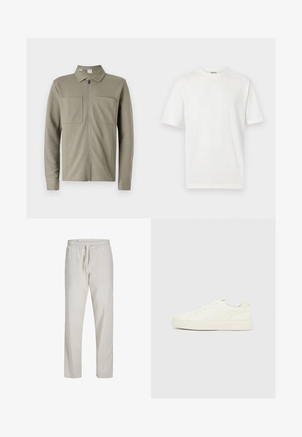 Olivengrøn lynlåsjakke lavet af tekstureret stof, med krave og to store forlommer. Lange ærmer med manchetter.; Hvid, ensfarvet T-shirt med korte ærmer og rund hals med ribkant, vist på en lysegrå baggrund.; Lyse beige linnedbukser med elastisk taljebånd og snøre foran, lige ben, ingen synlige lommer.; Hvid lav sneakers med snørebånd foran, glat læderoverflade og tyk gummisål, vist fra ydersiden på en ensfarvet baggrund.