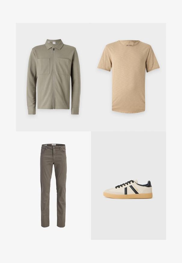Olivengrøn lynlåsjakke lavet af tekstureret stof, med krave og to store forlommer. Lange ærmer med manchetter.; Beige kortærmet t-shirt lavet af blødt stof. Har en rund halsudskæring og en let struktureret overflade med en buet kant.; Brune bukser med lige ben med frontknap, lynlåslukning og front- og baglommer mod en ensartet lys baggrund.; Casual sneakers i creme med sorte striber, med en tekstureret overdel og sål i gummigummi. Snørebåndene er sorte. Diskret logo på siden.
