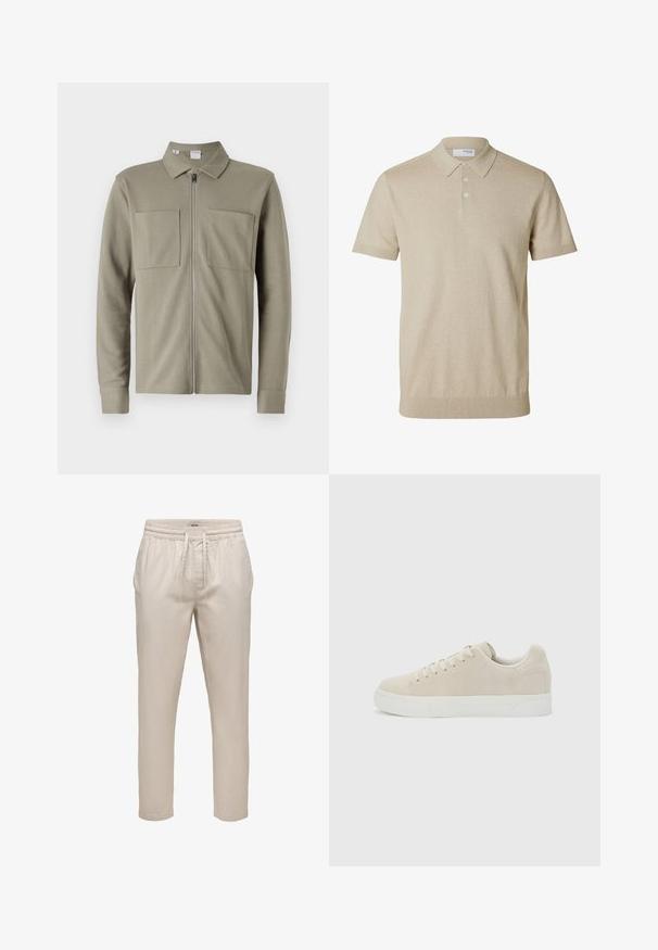 Olijfgroene ritsjack van gestructureerde stof, met een kraag en twee grote voorzakken. Lange mouwen met gestikte boorden.; Beige polo met korte mouwen, kraag en drie knopen, geribde randen aan mouwen en zoom, effen gebreide stof.; Beige casual broek met elastische tailleband en trekkoord, met voorzakken en een ontspannen rechte pasvorm.; Beige lage sneaker met veters aan de voorkant en dikke witte rubberen zool op een effen lichtgrijze achtergrond.