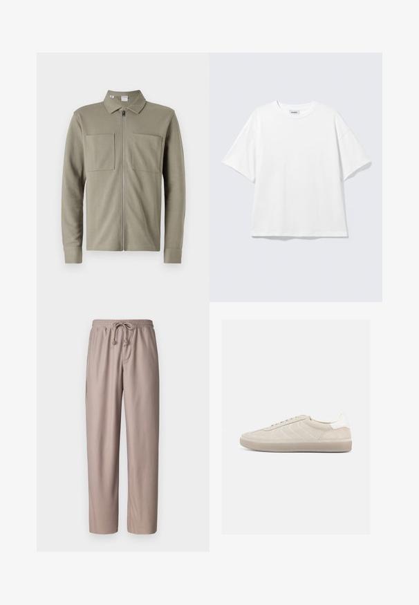 Olijfgroene ritsjack van gestructureerde stof, met een kraag en twee grote voorzakken. Lange mouwen met gestikte boorden.; Witte oversized T-shirt met korte mouwen, ronde hals en verlaagde schouders, plat op een lichtgrijze achtergrond.; Lichtbruine drawstring-broek met een geribbelde textuur, elastische tailleband en zijzakken. Loose fit met rechte pijpen.; Beige suède sneaker met een gestructureerd bovenwerk, een gladde witte hielkap, dunne veters en een rubberen buitenzool. Heeft een slank, laag profiel.