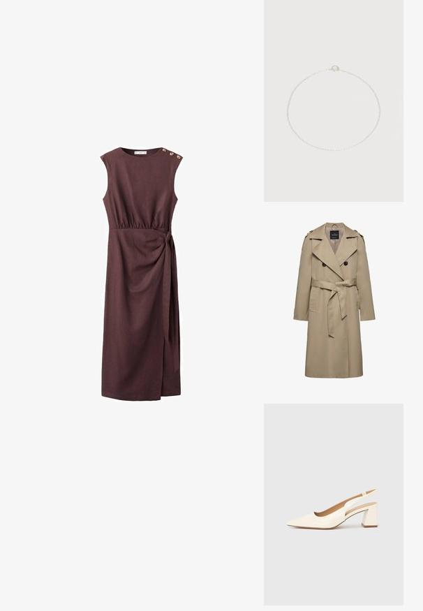 Beige dobbeltradet trenchcoat med brede slag, bælte i taljen, skulderstropper og sidelommer, mellemlang længde med foret indvendigt.; Brun hørkjole med tilpasset talje, slå-om-design, sidebind, ærmeløs silhuet og tre dekorative knapper på skulderen.; Slingback-pumpe i blank cremefarvet laklæder, med spids snude og kraftig firkantet hæl for stabilitet. Minimalistisk design uden pynt.; Delikat sølvkæde med små ovale led og en rund fjederlås på en ensfarvet hvid baggrund.