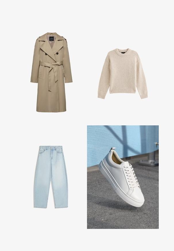 Beige dubbelgeknoopte trenchcoat met brede revers, riem in de taille, schouderepauletten en zijzakken, halflang met gevoerde binnenkant.; Beige gebreide trui met een ronde halslijn, lange mouwen en geribbelde zoom. Gelaagd stof met een zachte uitstraling. Eenvoudig en veelzijdig ontwerp.; Lichtblauwe, recht gesneden jeans gemaakt van denim. Voorzien van voorzakken, ceintuurlussen en een netjes afgewerkte zoom met minimale vervaging en texturen.; Witte leren sneaker met platte veters, ronde neus, rubberen loopzool en een klein trekbandje bij de hiel. Gladde textuur met minimale ontwerpdetaillering.