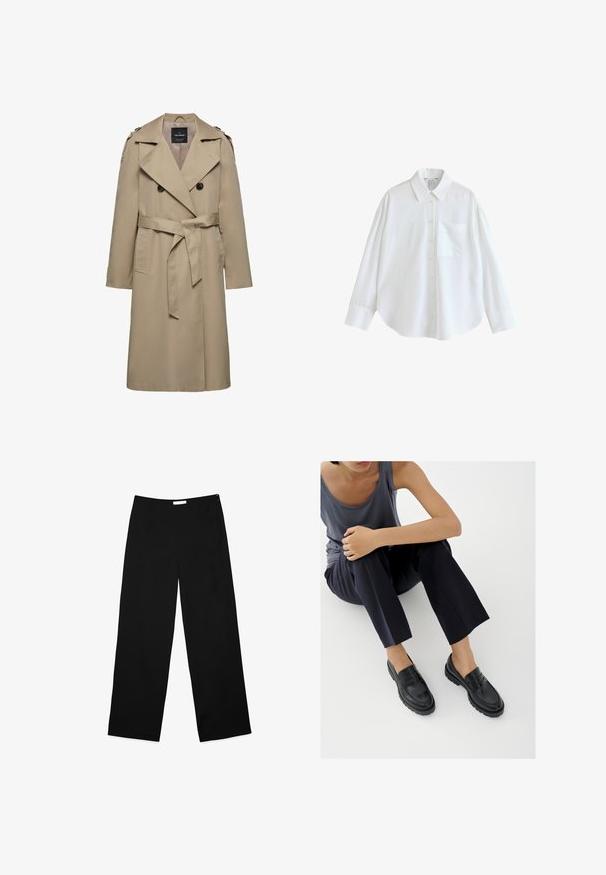 Beige dubbelgeknoopte trenchcoat met brede revers, riem in de taille, schouderepauletten en zijzakken, halflang met gevoerde binnenkant.; Witte overhemd met lange mouwen, knoopsluiting, puntkraag, één borstzak en brede manchetten, getoond op een effen witte achtergrond.; Wijdere broek in zwarte stof, met een gladde textuur, strak ontwerp en een discrete zijrits als sluiting.; Zwarte leren loafers met textuurelementen, lage hak, ronde neus en zichtbare stiksels. Model draagt donkere broek en een grijze top.