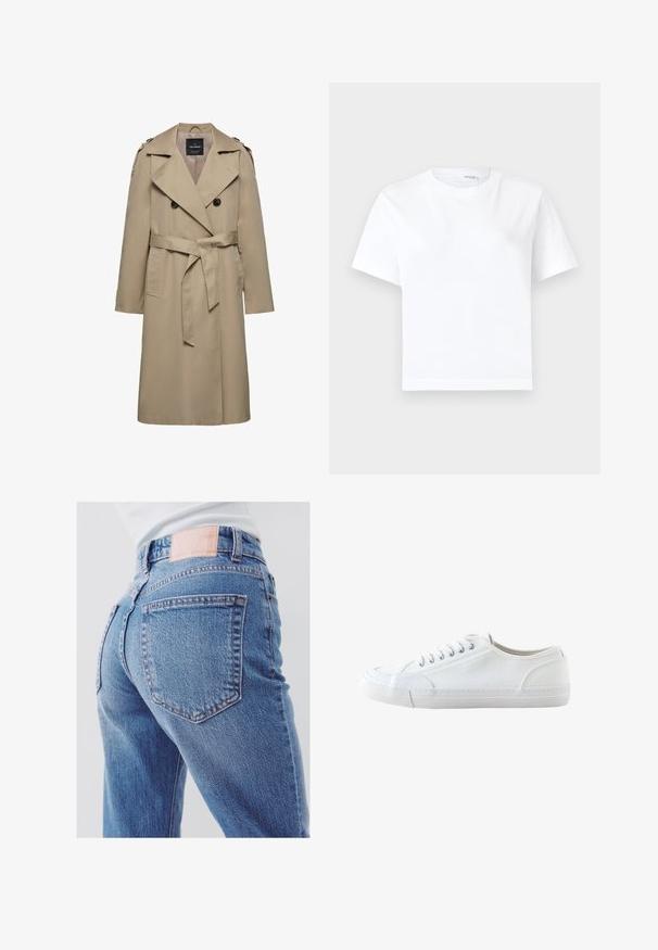 Beige dobbeltradet trenchcoat med brede slag, bælte i taljen, skulderstropper og sidelommer, mellemlang længde med foret indvendigt.; Hvid kortærmet bomuld t-shirt med rund halsudskæring og lige kant, vist på en hvid baggrund.; Nærbillede af en person iført blå denimjeans og en hvid top, der viser baglommen og linningområdet.; Hvid lavtop lærredsneaker med hvide snørebånd og gummisål, vist fra siden på en hvid baggrund.