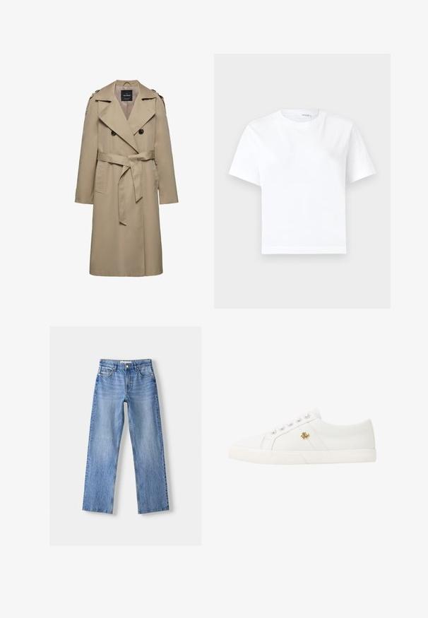 Beige dubbelgeknoopte trenchcoat met brede revers, riem in de taille, schouderepauletten en zijzakken, halflang met gevoerde binnenkant.; Effen witte katoenen T-shirt met korte mouwen, ronde hals en rechte zoom, getoond op een witte achtergrond.; Lichtblauwe denim jeans met een rechte pasvorm, voorzien van vijf zakken, een knoopsluiting aan de voorkant en subtiele vervaging voor textuur.; Lauren Ralph Lauren JANSON II CANVAS SNEAKER - Sneakers laag - optic white
