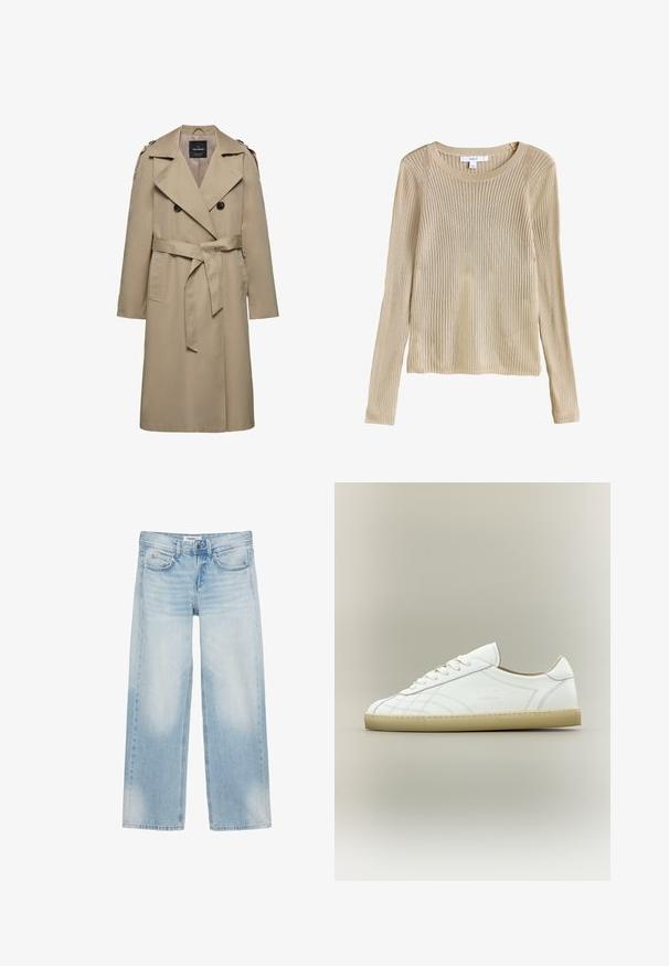 Beige dobbeltradet trenchcoat med brede slag, bælte i taljen, skulderstropper og sidelommer, mellemlang længde med foret indvendigt.; Beige ribstrikket langærmet sweater med rund halsudskæring og slim fit, vist fladt med synligt mærke ved kraven.; Lyseblå jeans med vide ben, fem lommer, bæltestropper, knaplukning og diskret farvefade på forreste lår og knæ.; Hvid lavtop lædersneaker med beige sål, snøredesign og subtile syede mønstre på neutral baggrund.