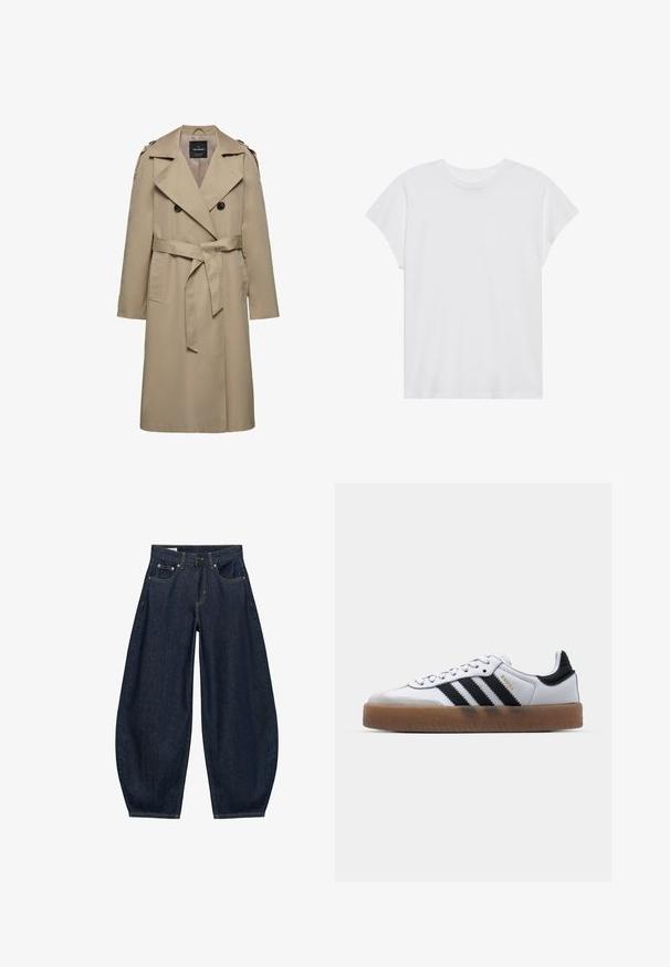 Trench-coat beige à double boutonnage avec larges revers, ceinture à la taille, épaulettes aux épaules et poches latérales, longueur mi-cuisse avec intérieur doublé.; T-shirt blanc à manches courtes, col rond, coupe décontractée, en tissu de coton doux. Texture lisse, sans motifs ni logos.; Jean en denim bleu foncé à jambes larges avec poches avant, passants de ceinture et fermeture par bouton à la taille.; Baskets en cuir blanc avec des rayures noires, semelle extérieure en caoutchouc beige, bout rond, fermeture lacée et embout en suède gris doux.