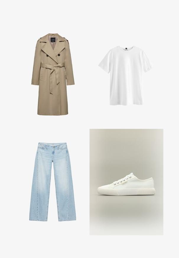 Beige dobbeltradet trenchcoat med brede slag, bælte i taljen, skulderstropper og sidelommer, mellemlang længde med foret indvendigt.; Simpel hvid kortærmet t-shirt med rund hals og sort mærke indeni kraven, vist fladt på en hvid baggrund.; Lyseblå vidde jeans med forlommer, bæltestropper og knaplukning.; Hvid lavtopet lærreds-sneaker med tekstureret gummisål, hvide snørebånd og lille Calvin Klein-mærke på siden.