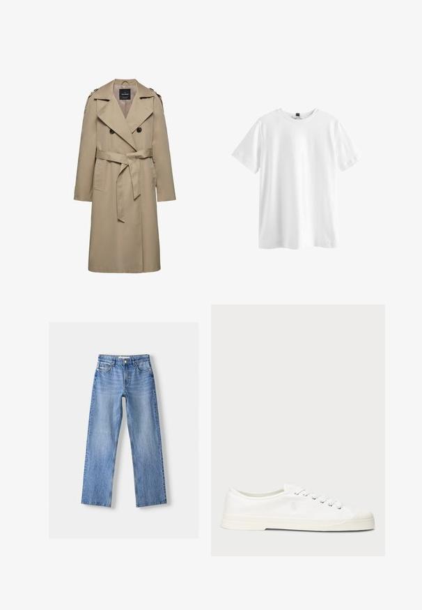 Beige dobbeltradet trenchcoat med brede slag, bælte i taljen, skulderstropper og sidelommer, mellemlang længde med foret indvendigt.; Simpel hvid kortærmet t-shirt med rund hals og sort mærke indeni kraven, vist fladt på en hvid baggrund.; Lysblå denim jeans med lige ben design, der har fem lommer, en frontknaplukning og subtil falmning for tekstur.; Hvide lærredssneakers med rund tå, snørelukning og diskret logo-detalje. Har en tekstureret overflade og gummisål.