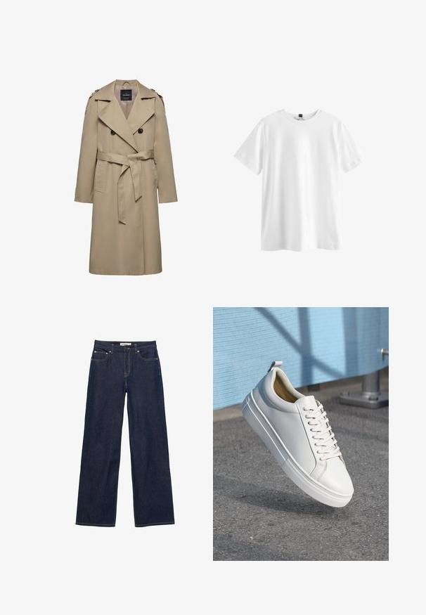Beige dobbeltradet trenchcoat med brede slag, bælte i taljen, skulderstropper og sidelommer, mellemlang længde med foret indvendigt.; Simpel hvid kortærmet t-shirt med rund hals og sort mærke indeni kraven, vist fladt på en hvid baggrund.; Mørkeblå jeans med lige ben, forlommer, bæltestropper, knaplukning og synlige kontrastsyninger.; Hvide lædersneakers med flade snørebånd, rund tå, gummisål og en lille løkke ved hælen. Glat tekstur med minimale designdetaljer.