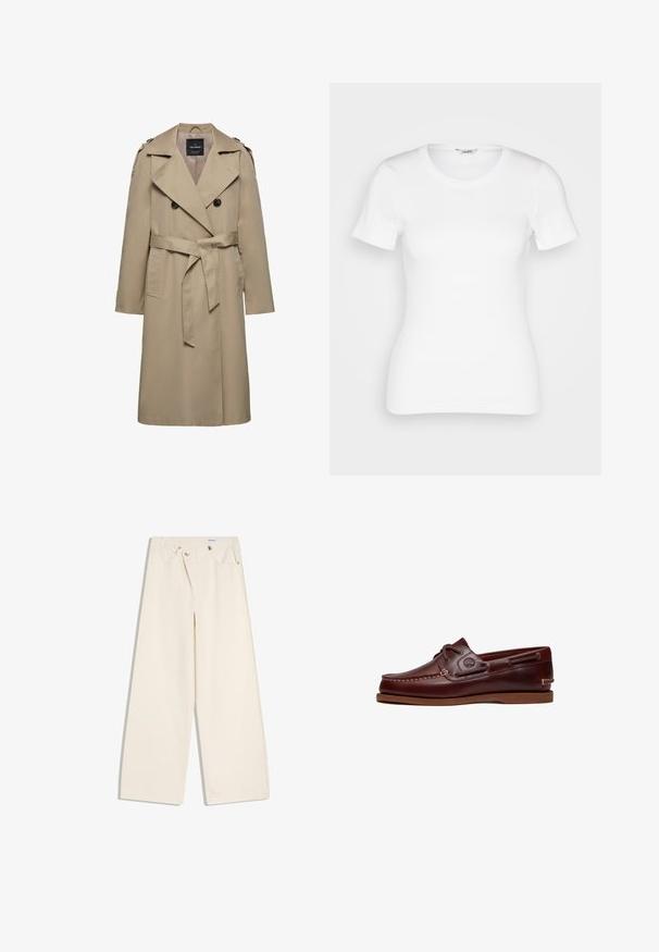 Beige dubbelgeknoopte trenchcoat met brede revers, riem in de taille, schouderepauletten en zijzakken, halflang met gevoerde binnenkant.; Witte katoenen T-shirt met korte mouwen, ronde halslijn en ribbelstructuur. Strakke pasvorm met een gladde, schone afwerking.; Off-white wijde broek met steekzakken aan de voorkant, lussen voor een riem en zilveren knopen op de tailleband en de randen van de zakken.; Bruine leren boot schoen met veters, stiksel details en Timberland-logo aan de zijkant, weergegeven op een witte achtergrond.