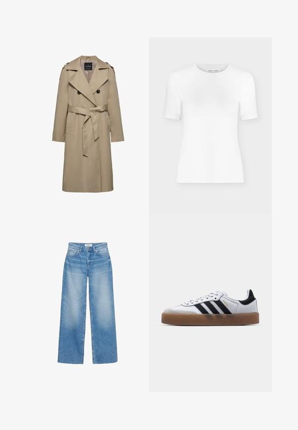 Beige dubbelgeknoopte trenchcoat met brede revers, riem in de taille, schouderepauletten en zijzakken, halflang met gevoerde binnenkant.; Wit T-shirt met korte mouwen en een ronde hals, een slanke pasvorm en geribbelde stof, weergegeven op een effen lichtgrijze achtergrond.; Lichtblauwe wijde jeans van denim, met een hoge taille, subtiele vervaging en een klassiek ontwerp met vijf zakken en koperen accenten.; Witte leren sneakers met zwarte strepen, gumrubberen buitenzool, ronde neus, vetersluiting en een zachte grijze suède neuskap.