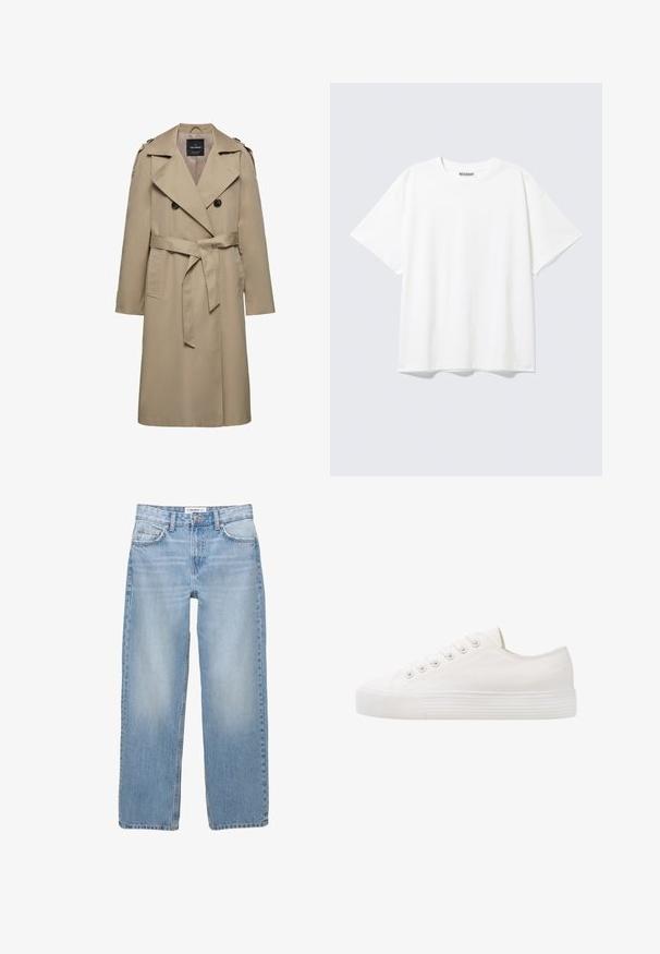 Beige dubbelgeknoopte trenchcoat met brede revers, riem in de taille, schouderepauletten en zijzakken, halflang met gevoerde binnenkant.; Witte T-shirt met korte mouwen en een ronde hals, met een relaxte pasvorm en een "WEEKDAY" label aan de binnenkant achter bij de hals.; Lichtblauwe denim jeans met een recht model, vijf zakken en zichtbare stiksels. De stof heeft een zachte, iets vervaagde textuur.; Witte canvas sneaker met ronde neus, zes oogjes voor veters, structuur rubberen zool en subtiele stikdetails langs de zijkanten.