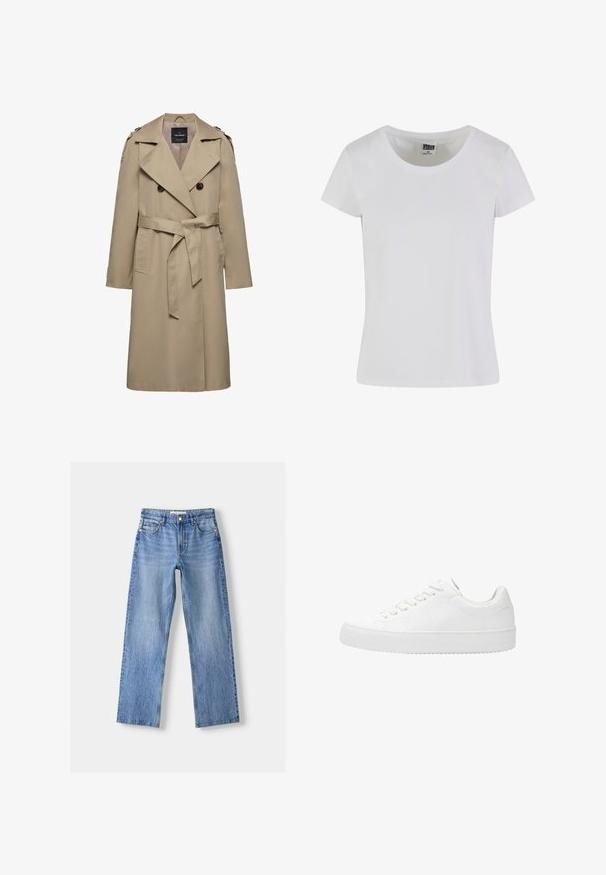 Beige dobbeltradet trenchcoat med brede slag, bælte i taljen, skulderstropper og sidelommer, mellemlang længde med foret indvendigt.; Hvid, kortærmet t-shirt lavet af bomuld. Har en rund halsudskæring og en tætsiddende form. Lappen læser "URBAN CLASSICS."; Lysblå denim jeans med lige ben design, der har fem lommer, en frontknaplukning og subtil falmning for tekstur.; Hvide snørresko med glat læderoverdel, rund tå og flad gummisål. Minimalistisk design med ensfarvet skema.