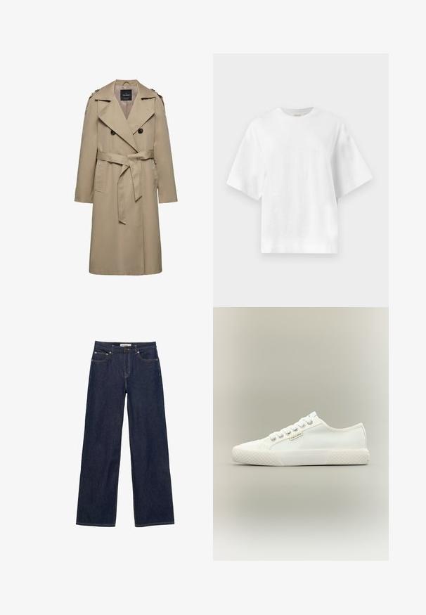 Beige dobbeltradet trenchcoat med brede slag, bælte i taljen, skulderstropper og sidelommer, mellemlang længde med foret indvendigt.; Plain hvid oversized T-shirt med korte ærmer og rund halsudskæring, vist fladt mod en lys grå baggrund.; Mørkeblå denim jeans med brede, lige ben, forlommer og lukning med knap og lynlås.; Hvid lavtopet lærreds-sneaker med tekstureret gummisål, hvide snørebånd og lille Calvin Klein-mærke på siden.