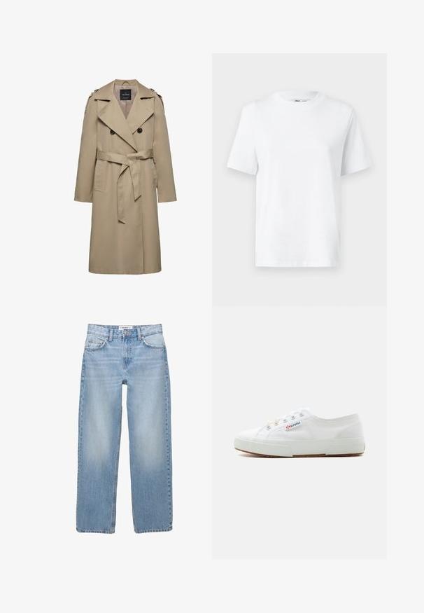 Beige dubbelgeknoopte trenchcoat met brede revers, riem in de taille, schouderepauletten en zijzakken, halflang met gevoerde binnenkant.; Witte katoenen T-shirt met ronde hals, korte mouwen en een gladde textuur. Ontworpen met een comfortabele en veelzijdige relaxte pasvorm.; Lichtblauwe denim jeans met een recht model, vijf zakken en zichtbare stiksels. De stof heeft een zachte, iets vervaagde textuur.; Witte lage canvas sneaker met rubberen zool, metalen vetergaatjes en een merklabel "Superga" aan de zijkant, gezien vanaf de buitenkant.